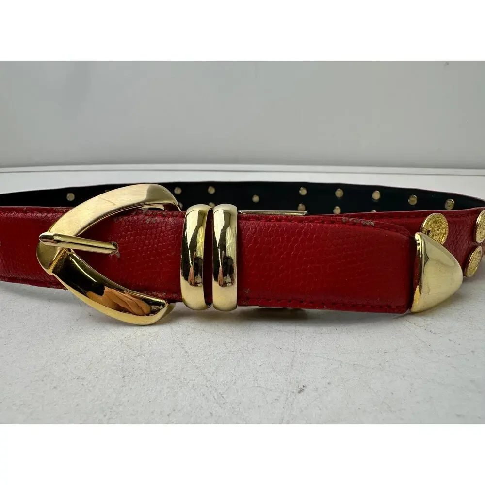 Vintage Red Leather Belt W/ Gold Medusa Medallions Sz S